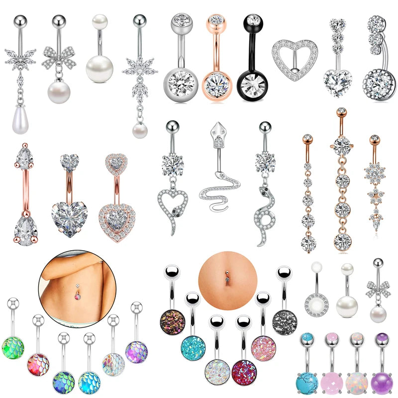 3-6PCS Belly Button Piercing Set 14G Surgical Steel Navel Rings with Pearl & Heart US
