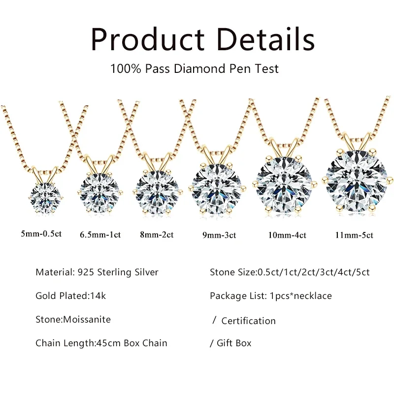 Moissanite Pendant Necklace 0.5ct-5ct in Sterling Silver with Certificate