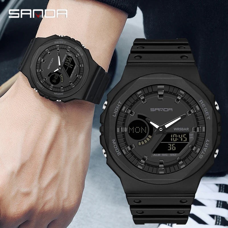 Men's Luxury Quartz Sport Watch with Dual Digital Display, Waterproof 50M