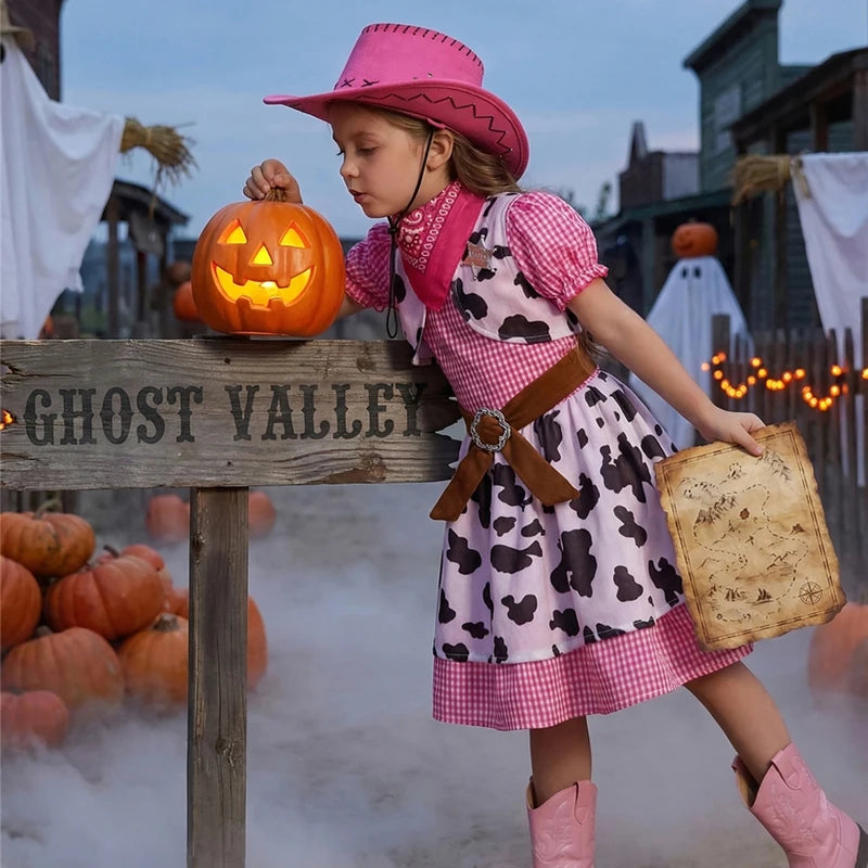 Girls Cowgirl Costume Dress with Cowboy Hat for Halloween and Parties