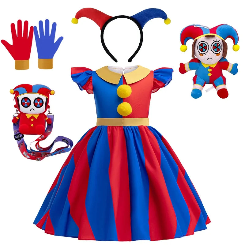 Halloween Circus Cosplay Costume for Kids - Red and Blue Clown Dress Up Outfit with Headwear