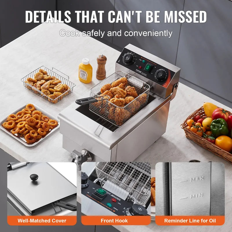 Commercial Electric Deep Fryer with Basket, Stainless Steel, Time & Temp Control
