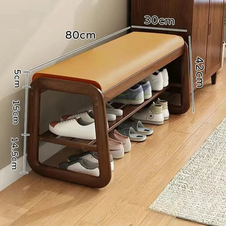 Solid Wood Shoe Changing Stool with Multi-Layer Shoe Storage - Household Shoe Rack