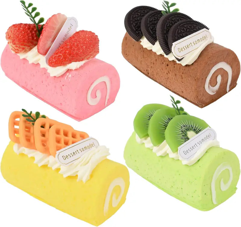 Artificial Cake Model Roll Cake Food Decor Set - Simulation Faux Swiss Rolls for Home Kitchen Display