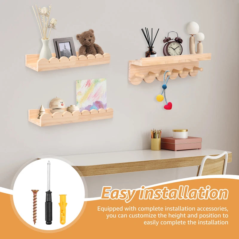 Wooden Floating Wall Shelves with Hooks - Nursery and Living Room Storage Organizer