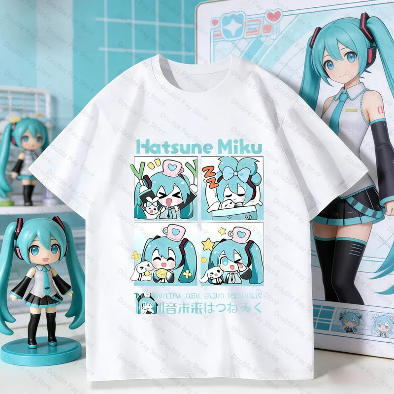 Cute Hatsune Miku Cartoon T-Shirt Anime Kawaii Graphic Casual Top for Kids & Adults
