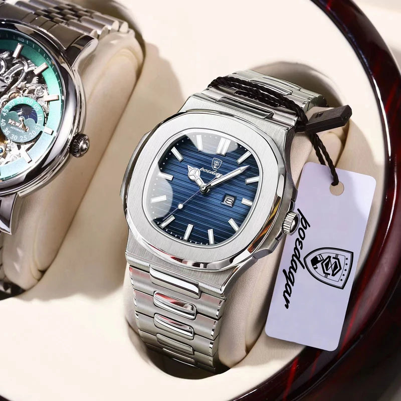 Luxury Men's Square Wristwatch Waterproof Luminous Date Quartz Watch - Stainless Steel Business & Sports Style