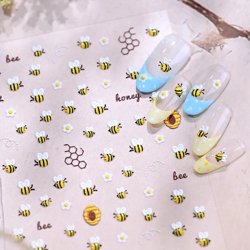Cute Bee Daisy Flower Nail Art Stickers - 5D Embossed DIY Manicure Decals