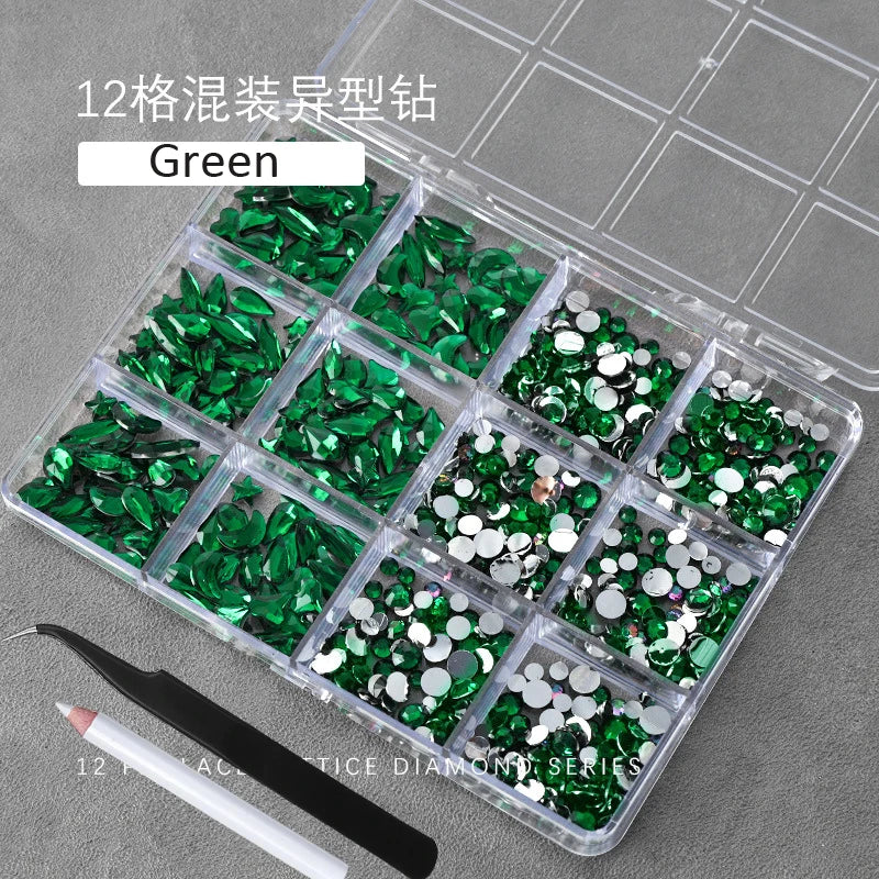Multi-Shaped Nail Art Rhinestones Kit with Pen & Tweezers - 12 Grids Champagne Gold