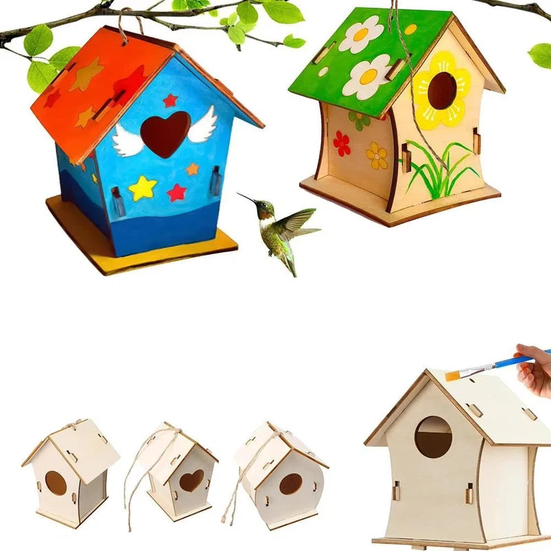 Wooden DIY Bird House Outdoor Hanging Bird Nest Box with Hemp Rope for Painting & Decoration