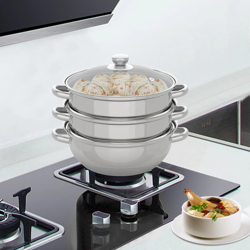 28cm Stainless Steel Multi-Function 3-Tier Steamer Pot for Vegetables Seafood and Soups