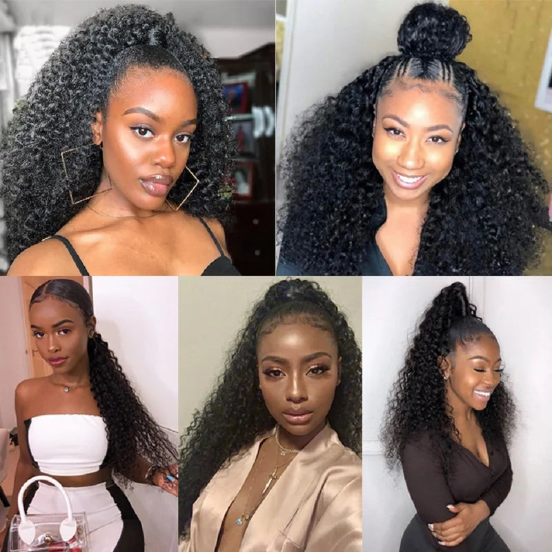 Long Afro Kinky Curly Drawstring Ponytail Human Hair Extensions for Black Women