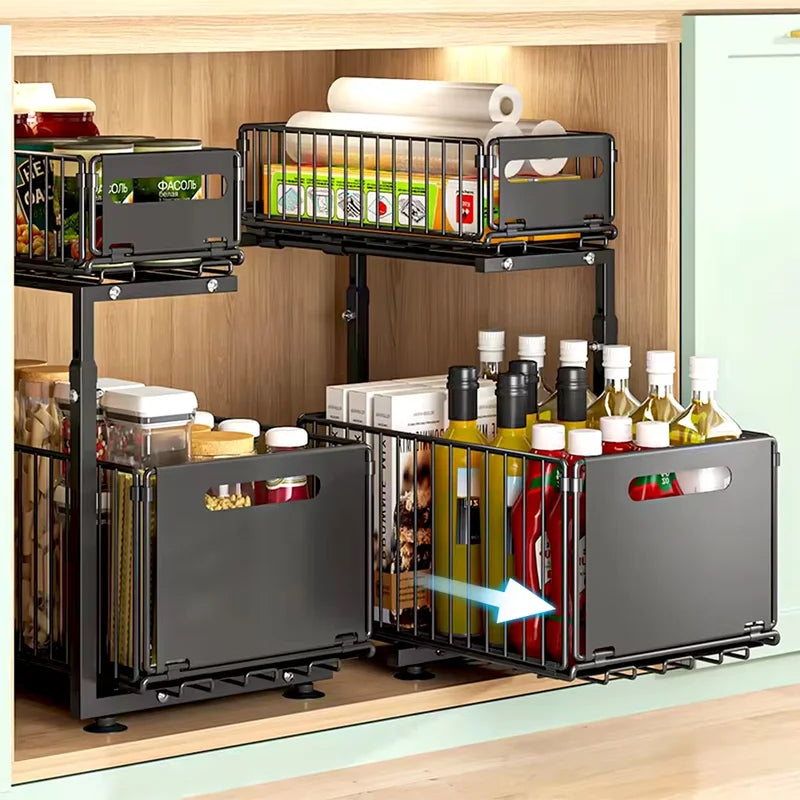 2-Tier Pull Out Cabinet Organizer Adjustable Kitchen Storage Rack for Under Sink