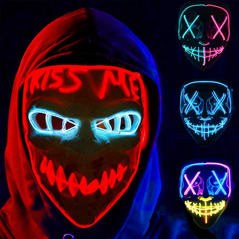 Wireless Neon LED Mask for Halloween Parties - Light Up, Glowing, Purge Mask
