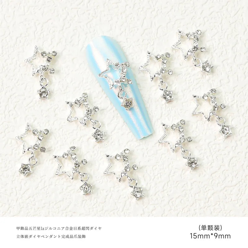 10pcs Nail Art Charm Set with Star Heart Saturn Rhinestones Glitter Decorations