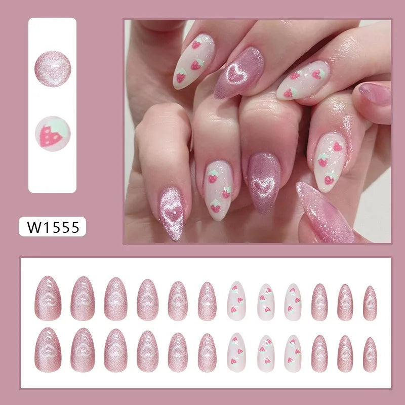 24Pcs Almond Press-On Nails Set with Heart & Strawberry Designs – Glossy Acrylic Fake Nails for Women & Girls