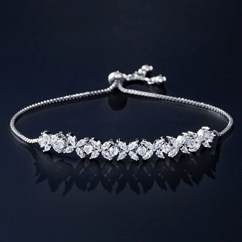 Adjustable Zircon Flower Charm Bracelet for Women - Silver, Gold & Green Variants