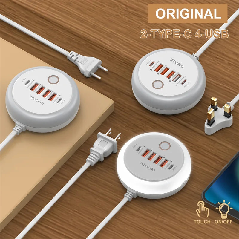 Multi-Device USB & Type-C Fast Charging Power Strip with Nightlight - Travel Charger 50W