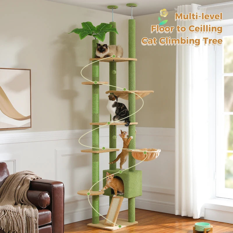 Adjustable Floor-to-Ceiling Cat Tree Tower with Cactus Design, Condo, Hammock & Scratching Post