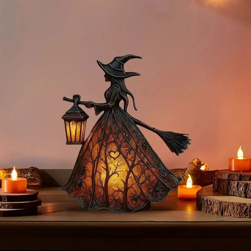 Halloween Witch Lantern LED Night Light Gothic Home Decor with Broom