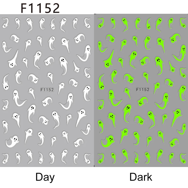 Glow-in-the-Dark Halloween Nail Stickers with Ghost and Pumpkin Designs - 2 Pieces