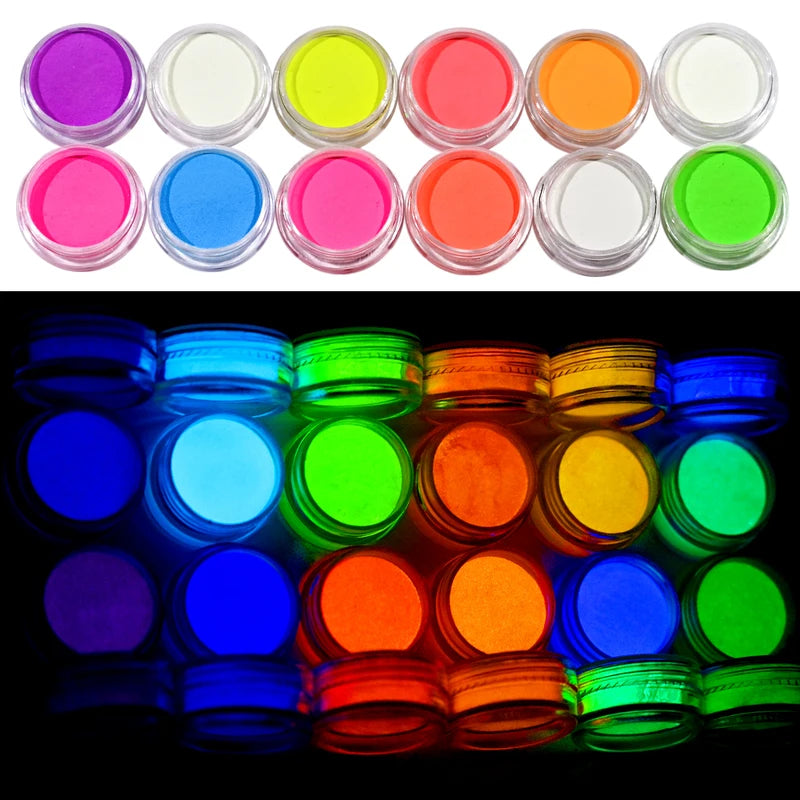 12pcs Glow in Dark Luminescent Powder Set for Nail Art and Crafts