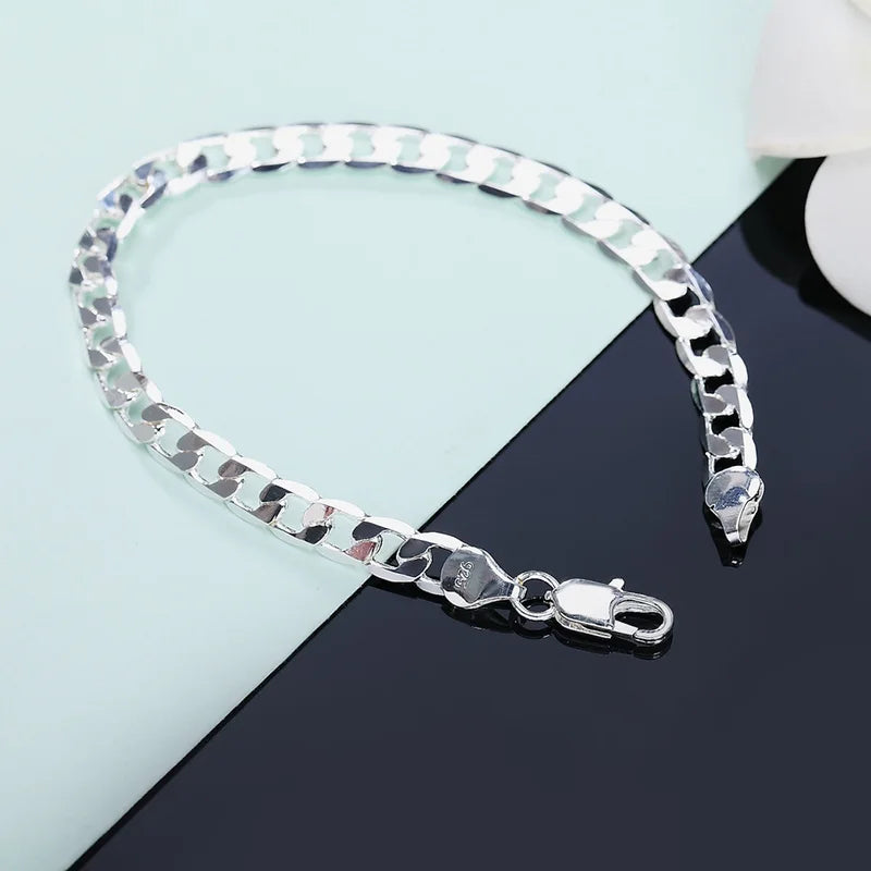 Sterling Silver 6MM Geometric Side Chain Bracelet for Men Women Jewelry Gift