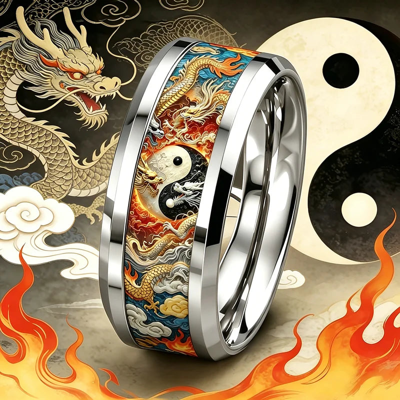 Men's Stainless Steel Yin Yang Dragon Pattern Ring - Wedding Party Jewelry