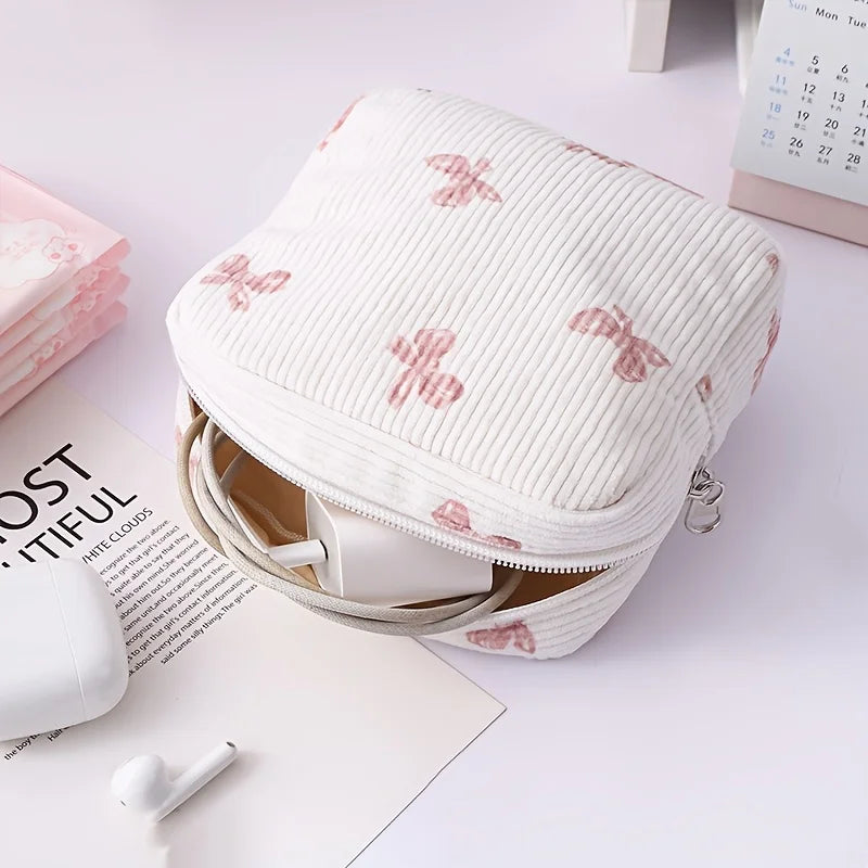 Multi-Functional Corduroy Small Square Storage Bag with Cotton Lipstick & Headphone Holder