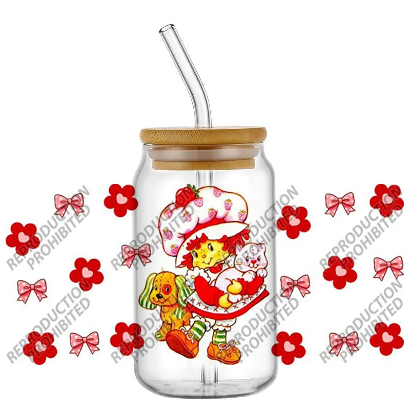 Cartoon Strawberry Girl UV DTF Cup Wrap Transfer Sticker for 16oz Glass Can DIY Decal