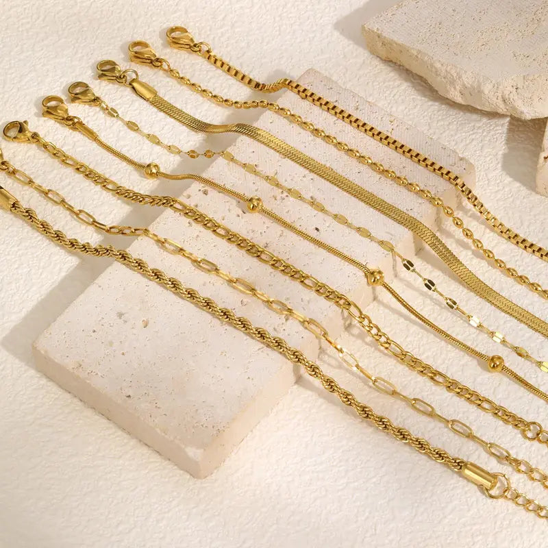 Non Tarnish Gold Plated Stainless Steel Stackable Bracelet for Women, Waterproof, Thin Chain Jewelry