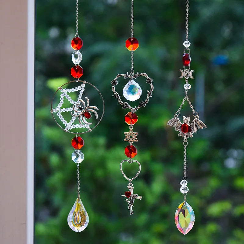 3pcs Gothic Spider Web Wind Chimes with Crystals Wall Decor for Halloween and Home Garden