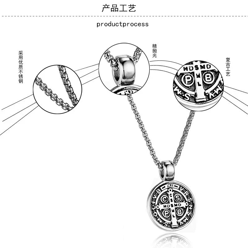 Stainless Steel Saint Benedict Necklace Men Women Religious Pendant Amulet