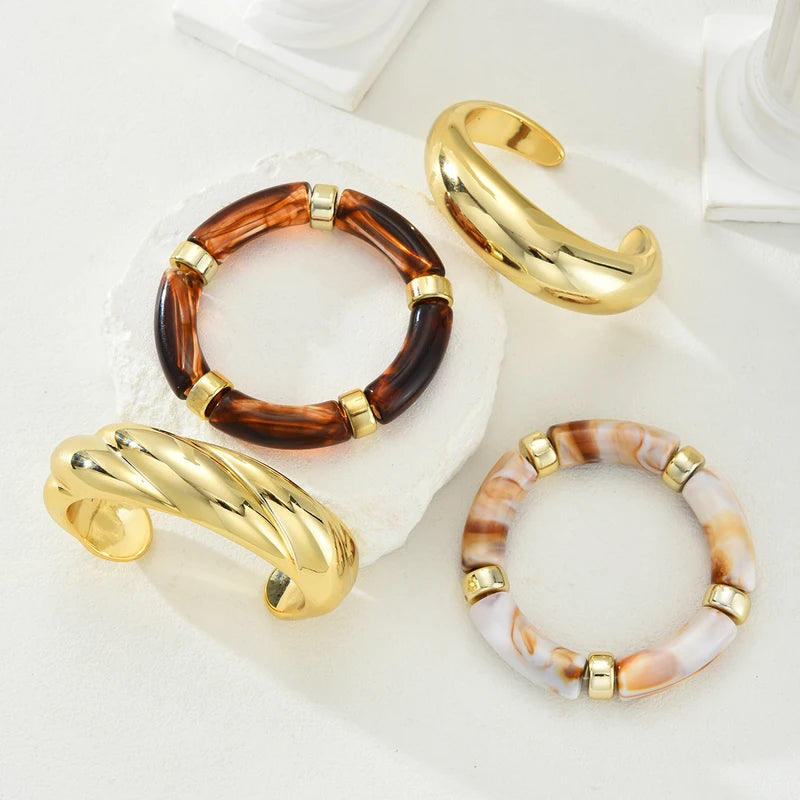 Set of 4 Geometric Wide Metal Bangles for Women - Minimalist Chunky Cuff Jewelry