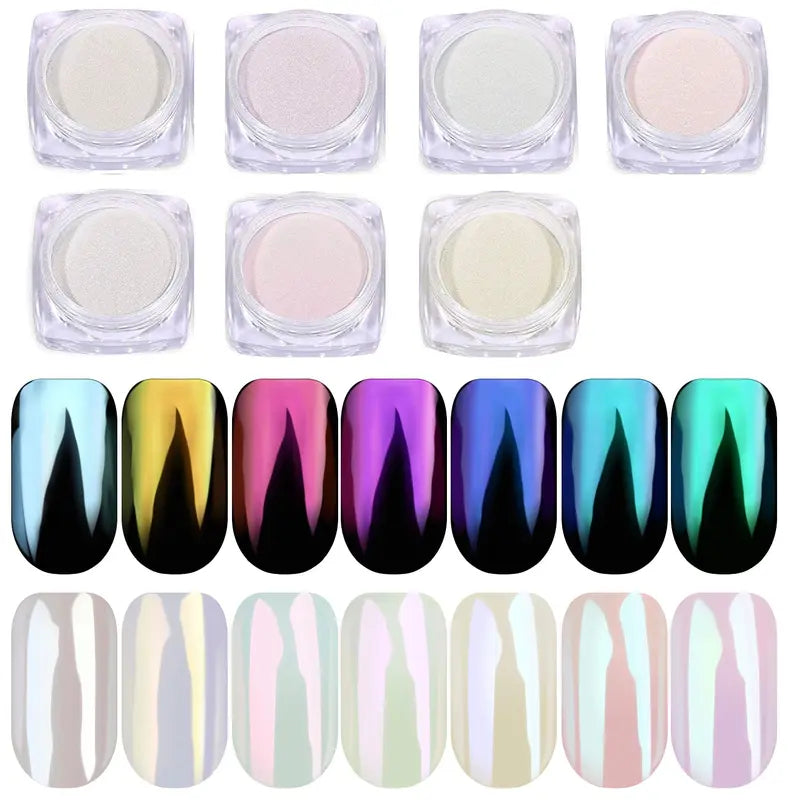 7 Colors Nail Powder Set - Holographic Mirror & Pearlescent Chrome Dust