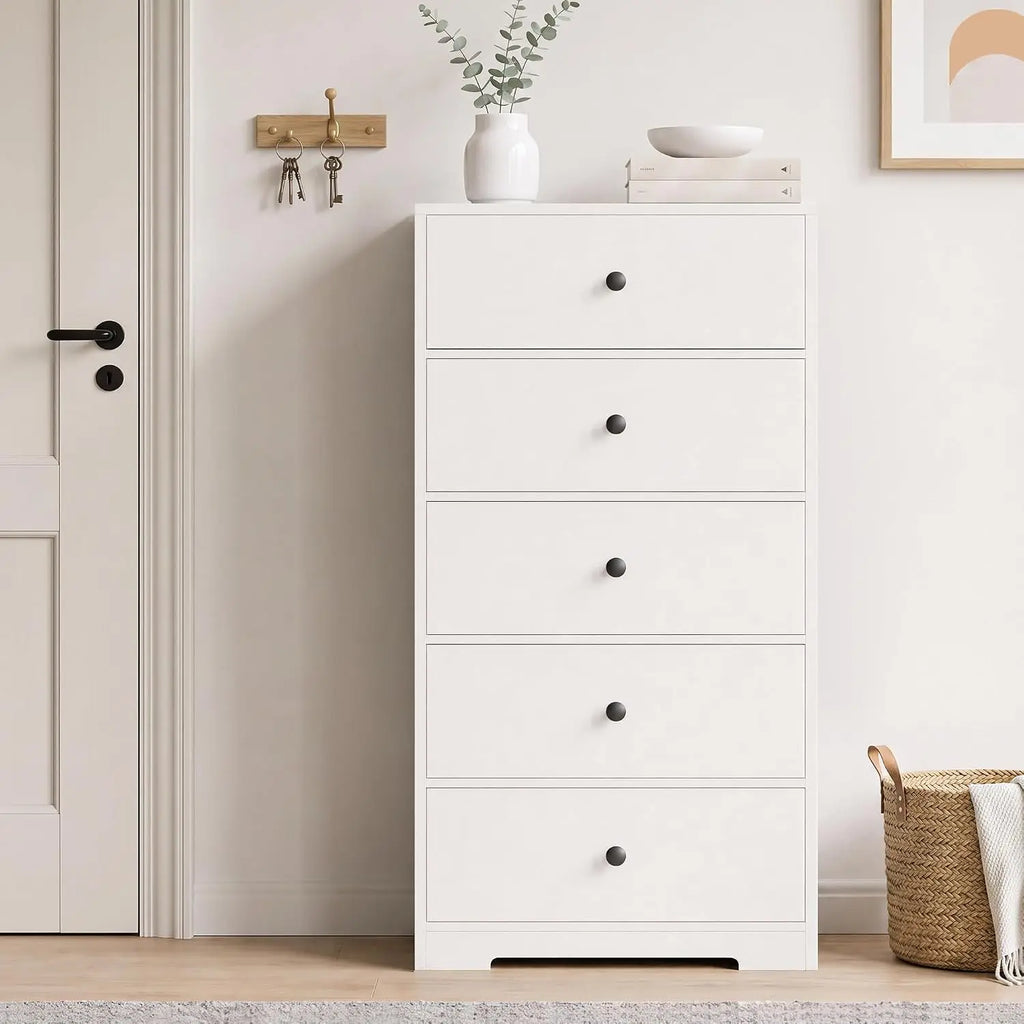 5-Drawer Tall Storage Cabinet for Living Room & Bedroom with Gold Handles