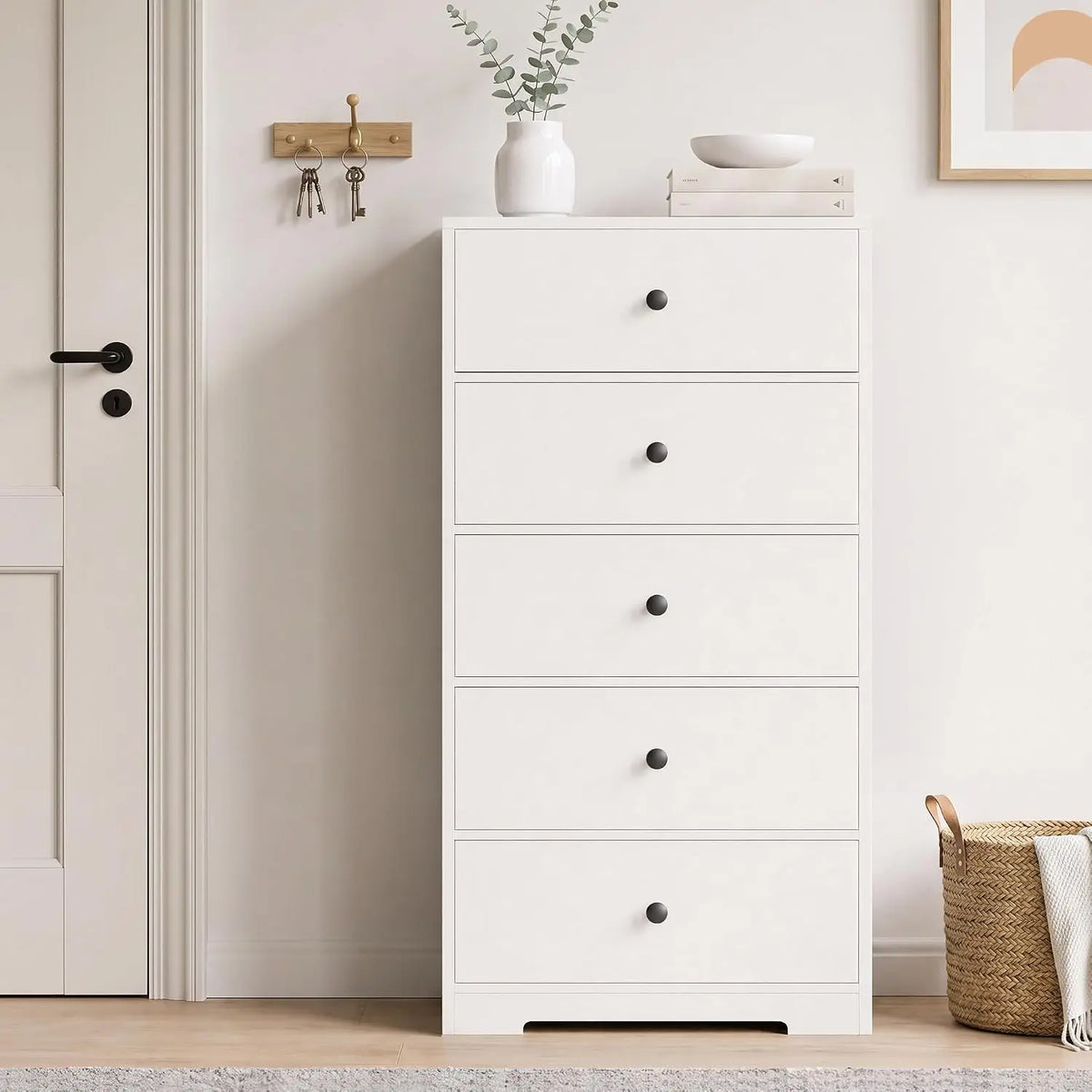5-Drawer Tall Storage Cabinet for Living Room & Bedroom with Gold Handles