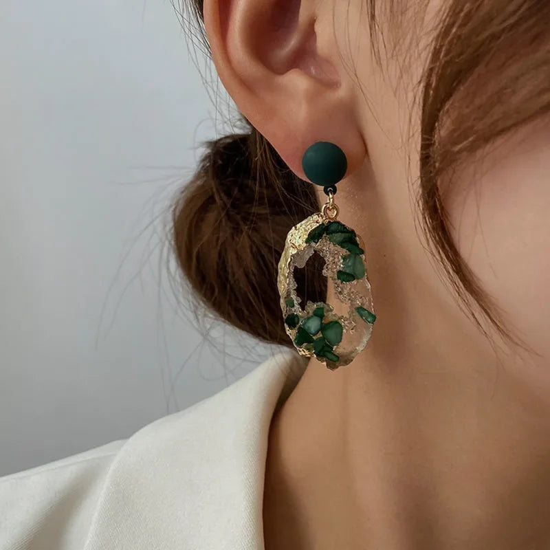 Retro Liquid Metal Dangle Earrings for Women Irregular Oval Hollow Jewelry