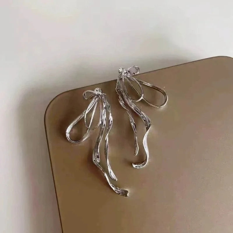 Korean Irregular Bowknot Drop Earrings - Silver Color Metal Line Big Long Jewelry for Women