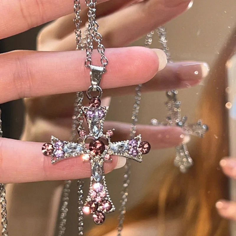 Gothic Pink Cross Necklace for Women Y2K Punk Heart Pendant Jewelry