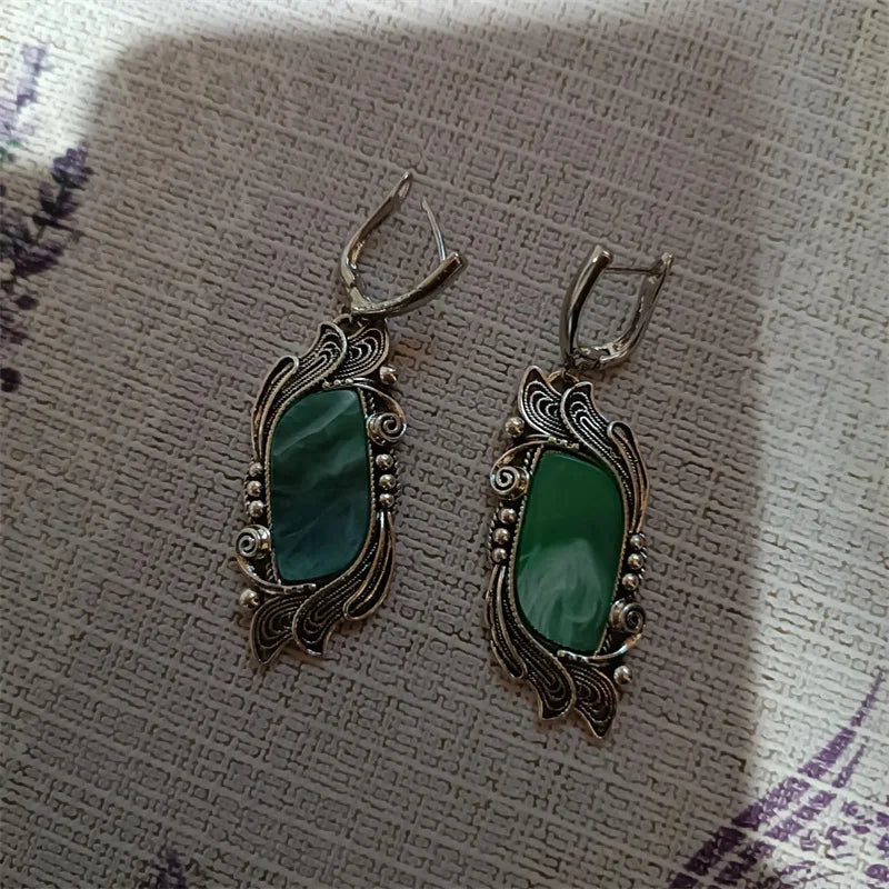 Vintage Green Stone Earrings Geometric Flower Silver Dangle Jewelry for Women