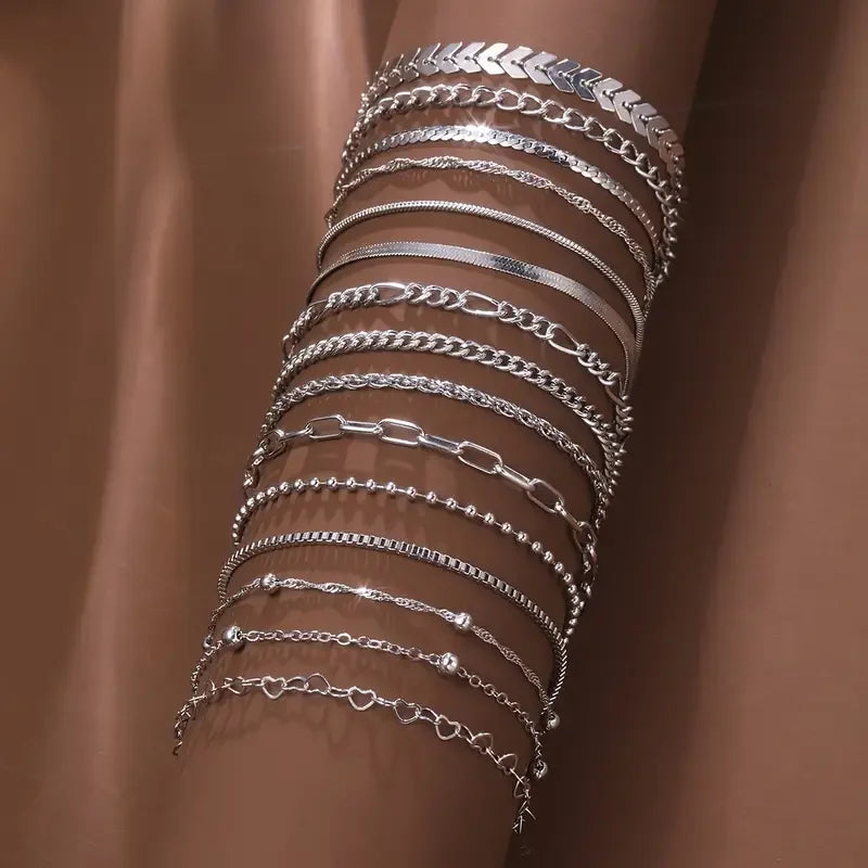 Silver Color Chain Bead Bracelets Set for Women - Elegant Casual Jewelry, Versatile for Beach, Vacation & Parties
