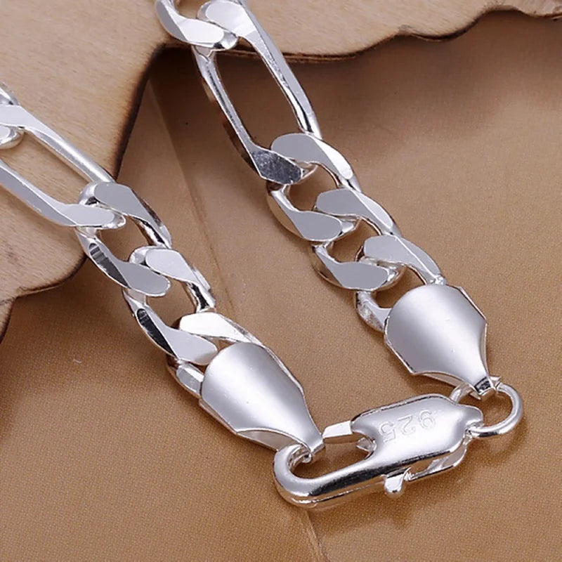 8mm Silver Chain Bracelet for Women Men Wedding Jewelry Figaro Style