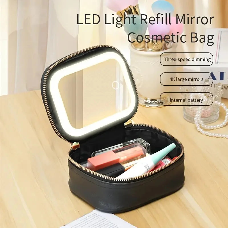 Portable Makeup Organizer Bag with LED Mirror and Light Modes - Travel Cosmetic Storage