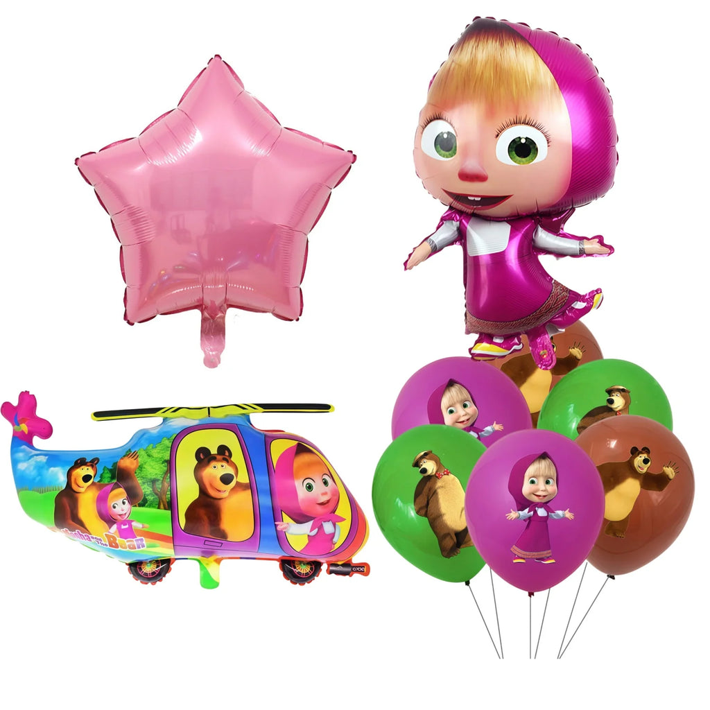 Masha and the Bear Birthday Party Decoration Kit with Balloons and Backdrop - Girls Cartoon Theme, Disposable Tableware, All Variants