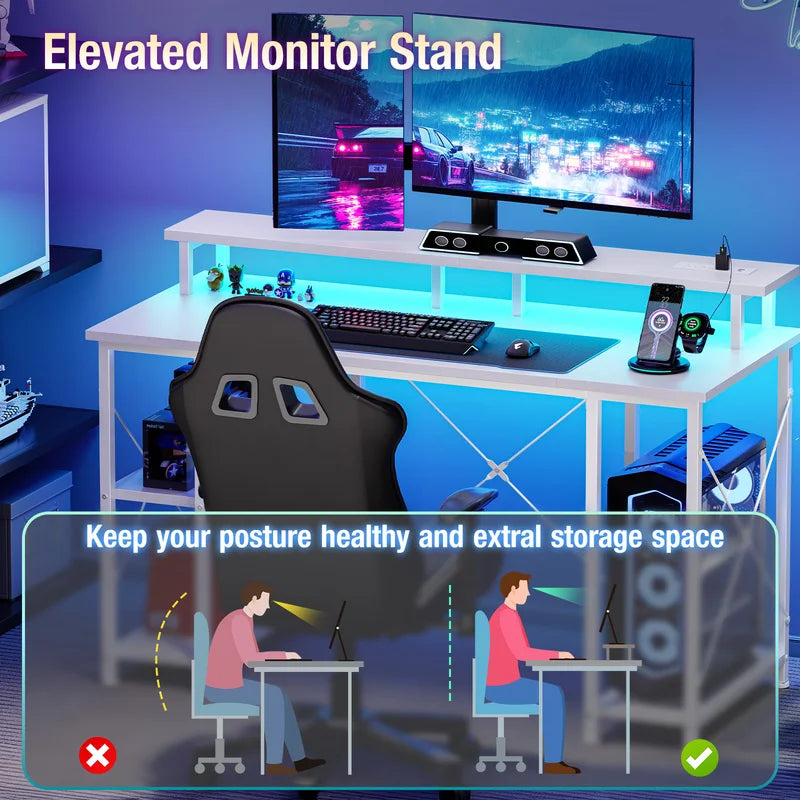 48-Inch Computer Desk with Shelves Drawers and LED Lighting - Office Gaming Table with Power Outlets
