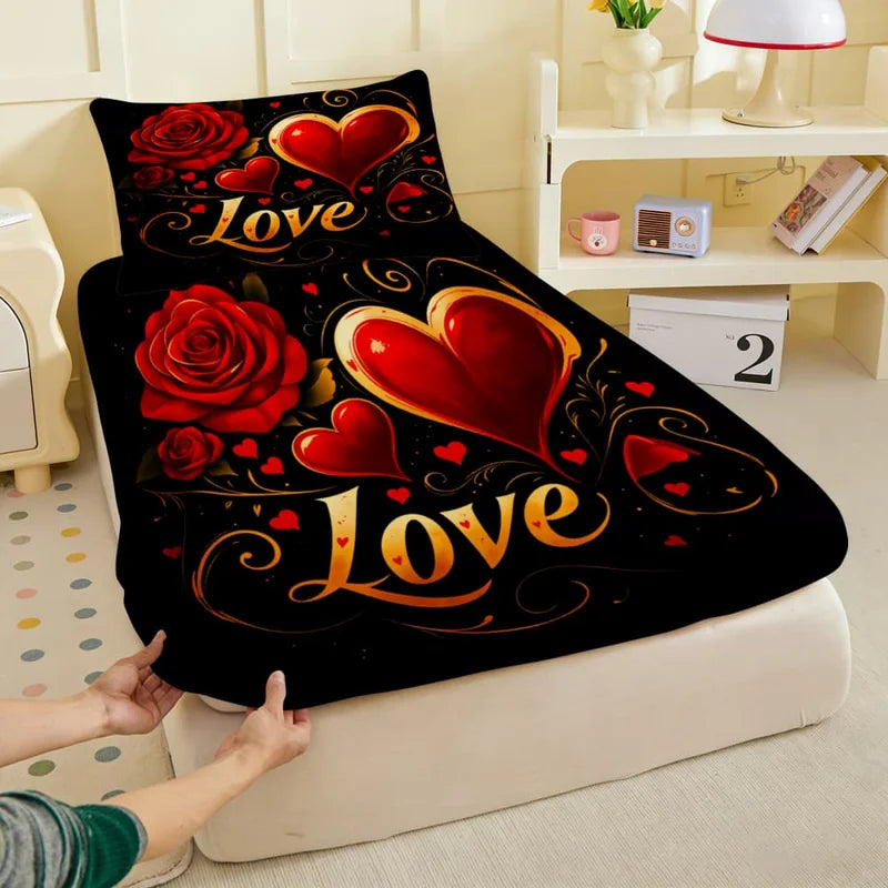 Romantic Red Roses & Love Text Print Fitted Sheet Deep Pocket Mattress Cover
