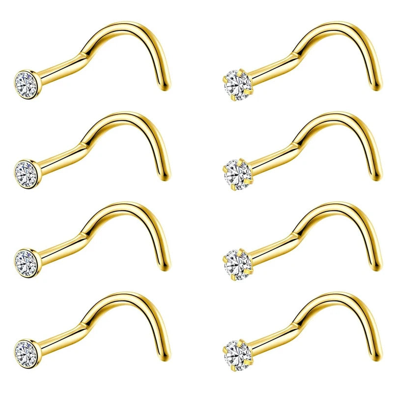 8 Pcs Nose Studs Set - CZ Zircon Gold & Silver Stainless Steel Body Jewelry for Women & Girls 20G