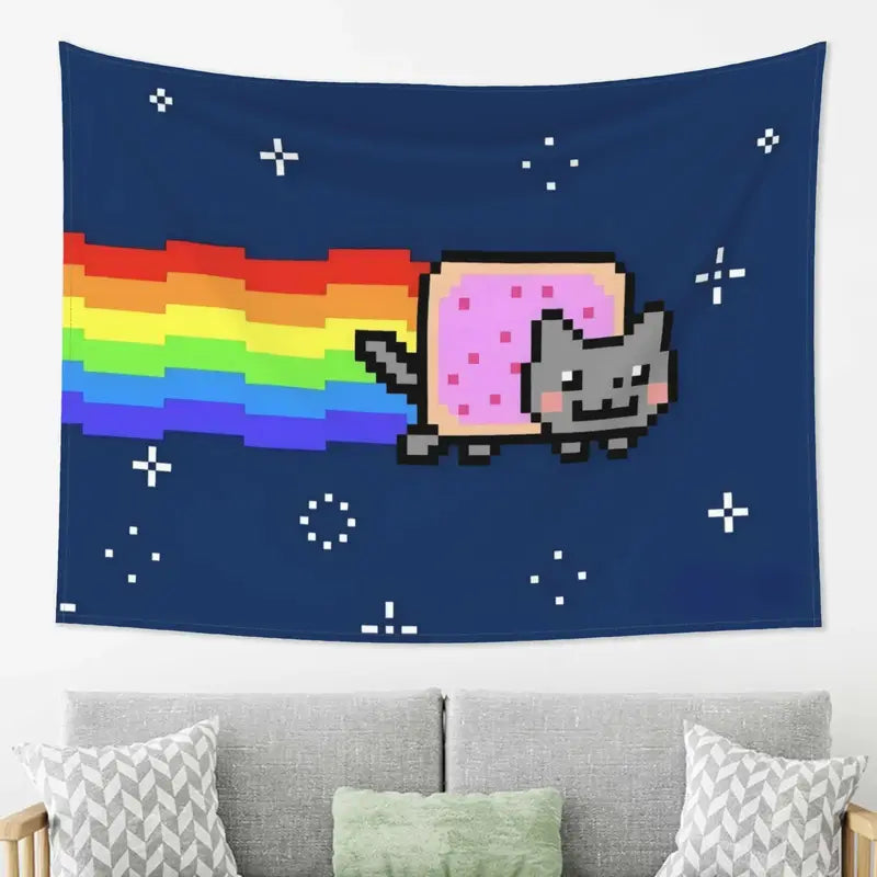 Pixel Art Cat Tapestry Wall Hanging for Bedroom Living Room Decor