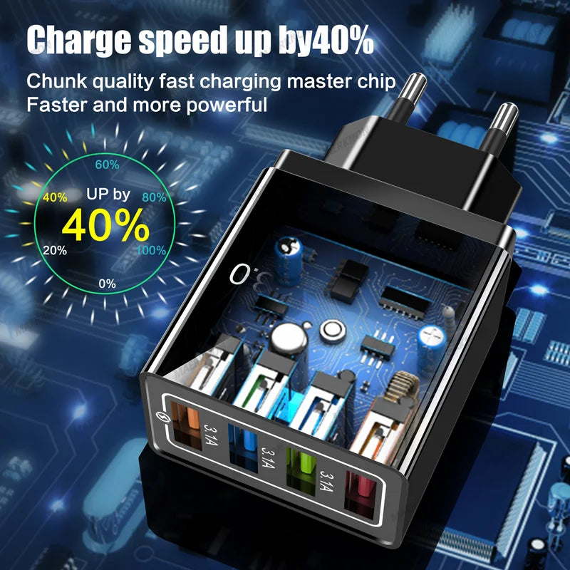 4-Port USB Charger Fast Charging Adapter with Quick Charge 3.0 EU US Plug